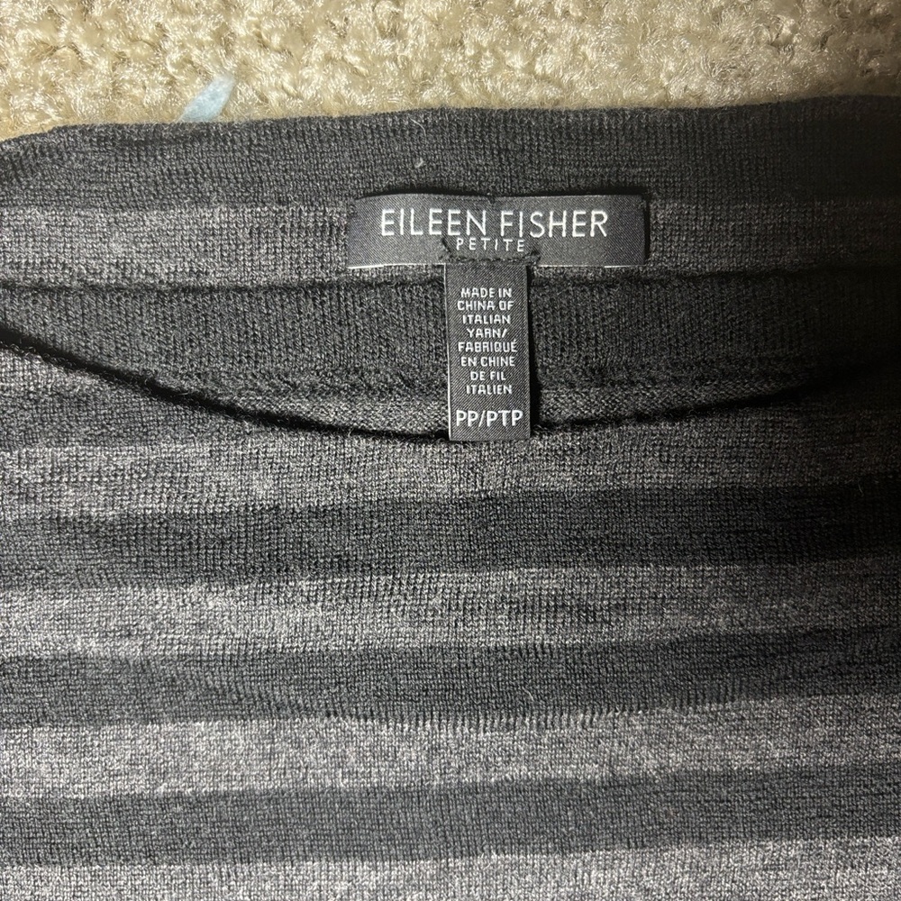 Eileen Fisher Petites Charcoal and Light Gray Striped Merino Wool Sweater